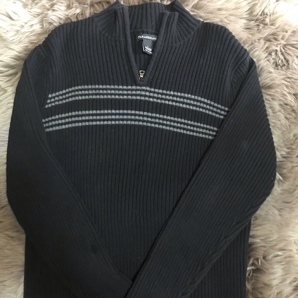 Paraphrase 1/4 Zip Navy and Gray Stripe Sweater, L